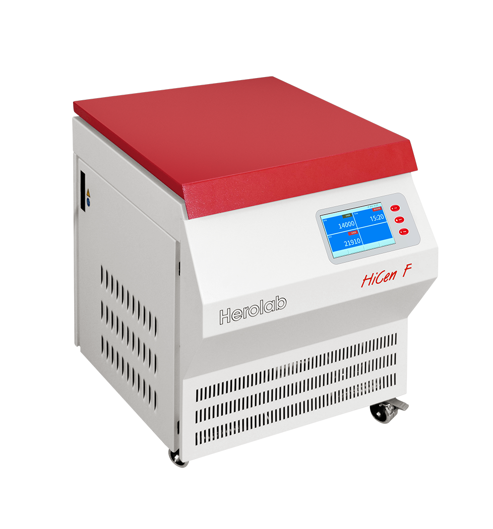 HiCen F Hochgeschwindigkeits-Standzentrifuge, kompaktes Untertisch-Modell mit oder ohne Kühlung, maximale Kapazität 4 x 500 ml, Drehzahl bis zu 14.000 min-1, g-Wert bis 21.913 x g.